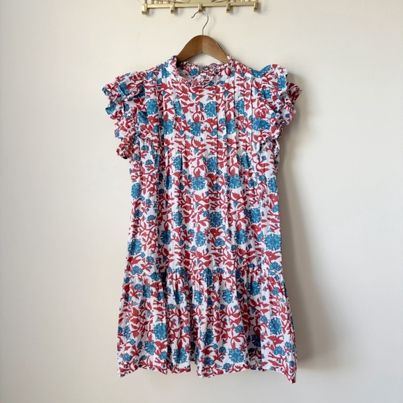 Victoria Dunn Jasmine Pintuck Dress Medium Blue Red - Picture 1 of 7